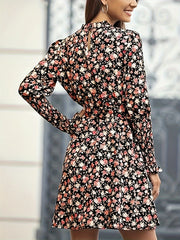  Boho Floral Print Long Sleeve Round Neck Mini Dress