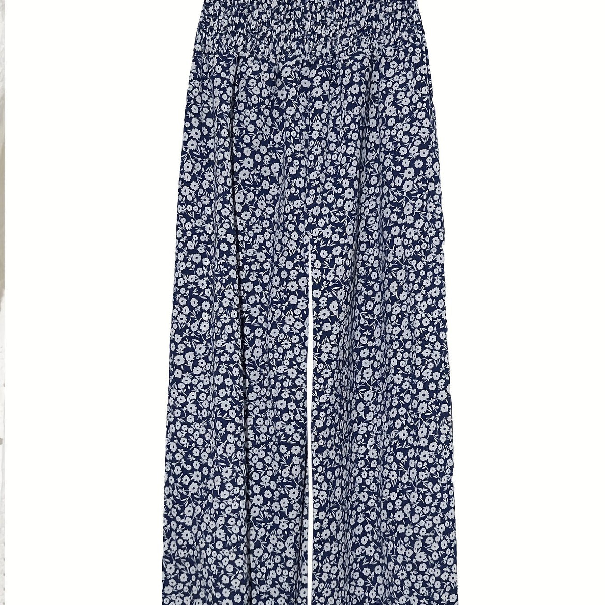 Floral Print Shirred Pants Wide Leg High Waist