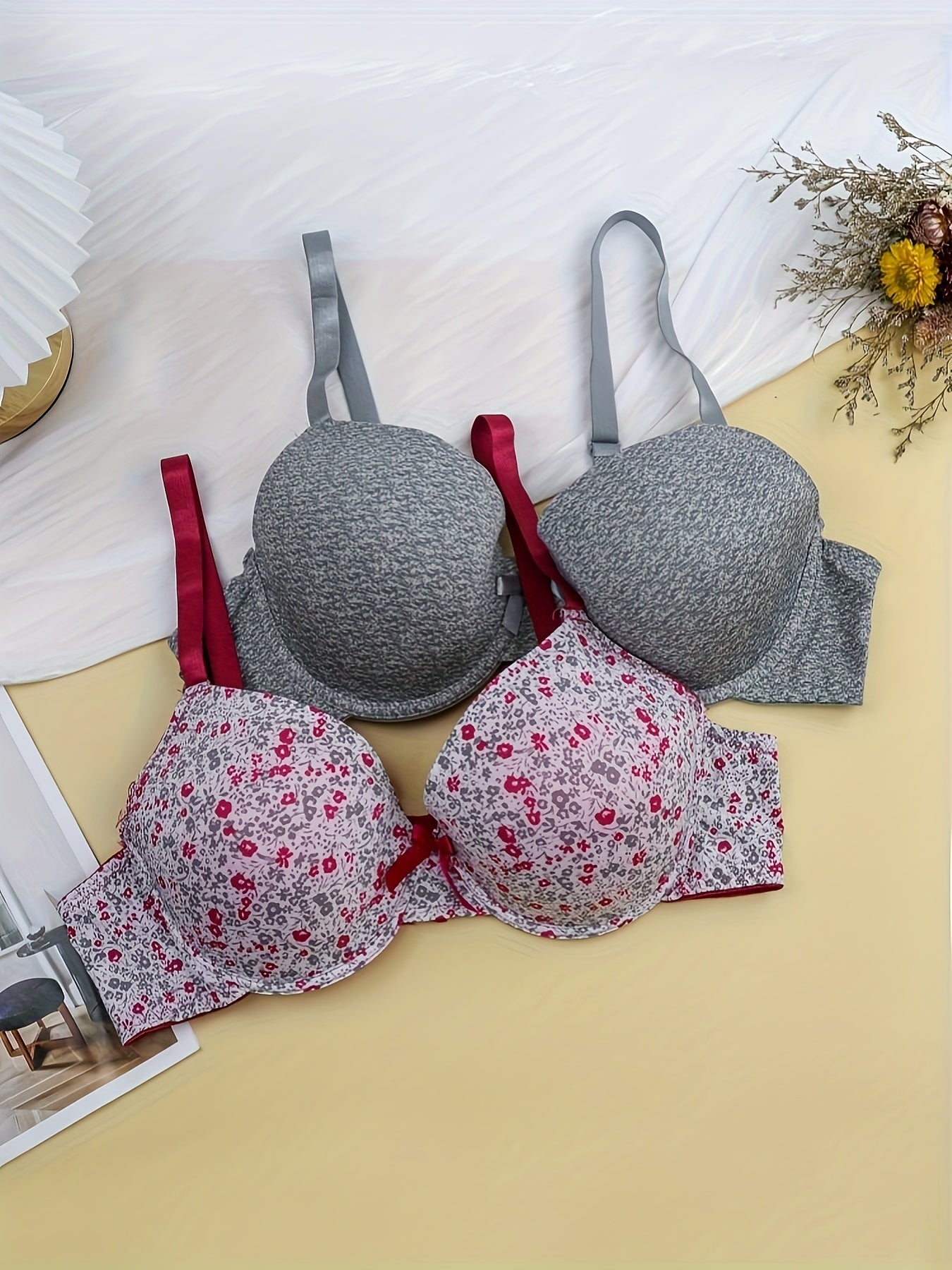 2 Pack Plus Size Bra Set Women's Plus Ditsy Floral Print