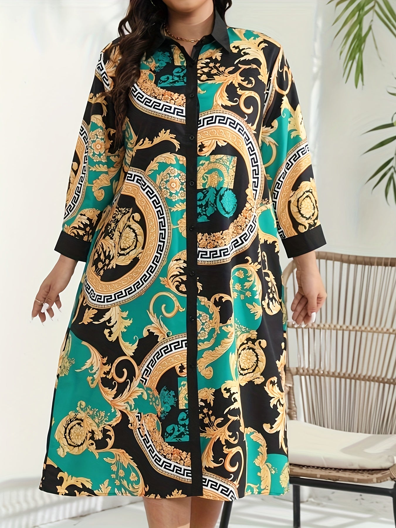  Baroque Print Button Up Long Sleeve Shirt Dress