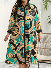  Baroque Print Button Up Long Sleeve Shirt Dress