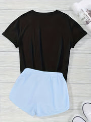 Letter Print Short Sleeve T shirt & Drawstring Waist Shorts Set