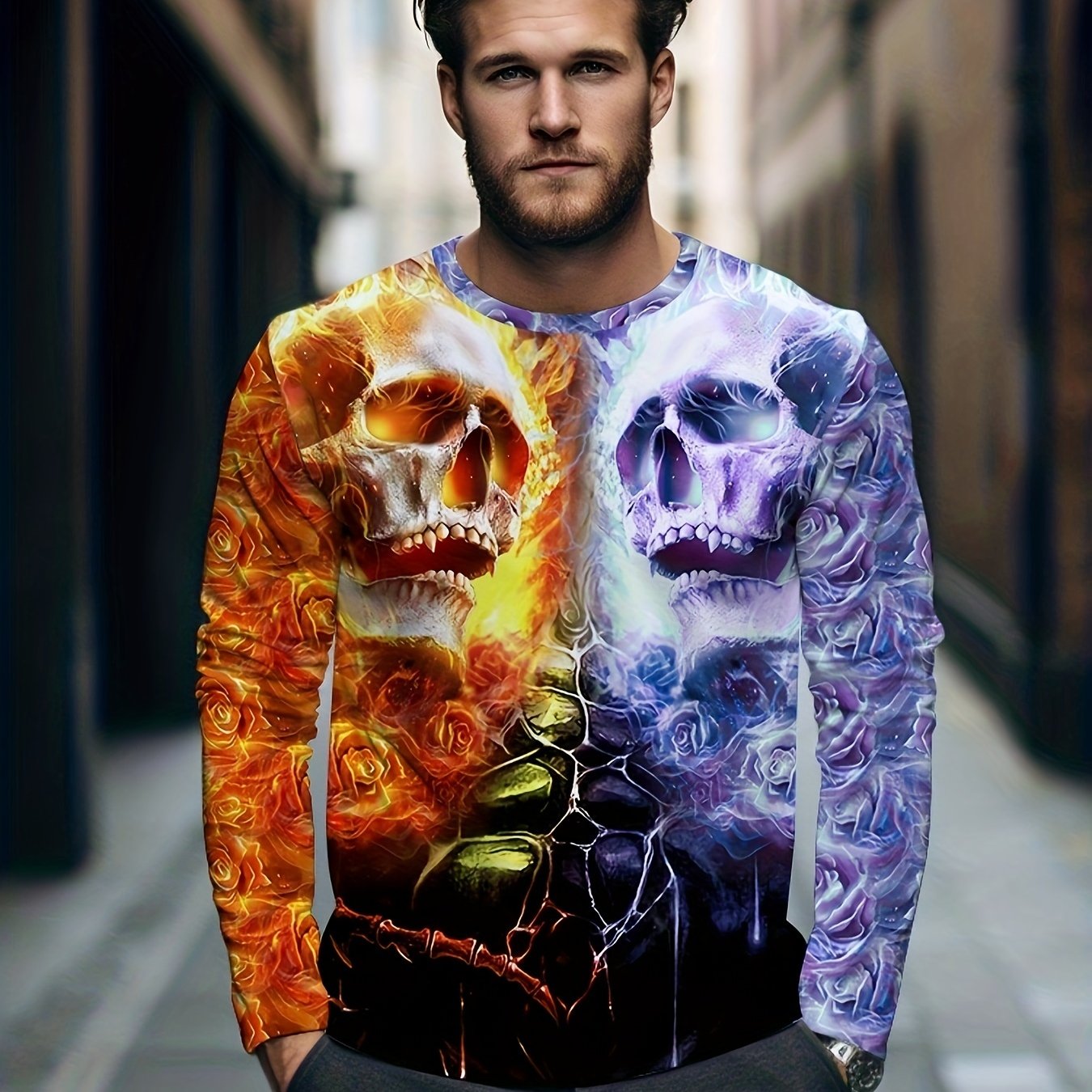 Block Skull 3d Print Men's Long Sleeve Novelty T shirt For Autumn