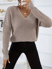 Solid V Neck Long Sleeve Knitted Sweater for Women