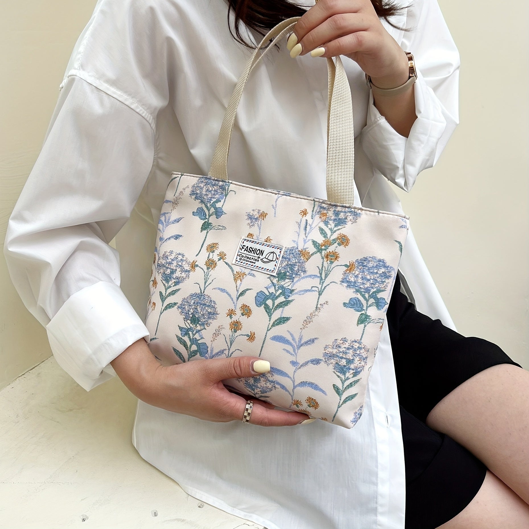 Floral Print Tote Bag Nylon Shoulder Handbag for Commuting & Traveling