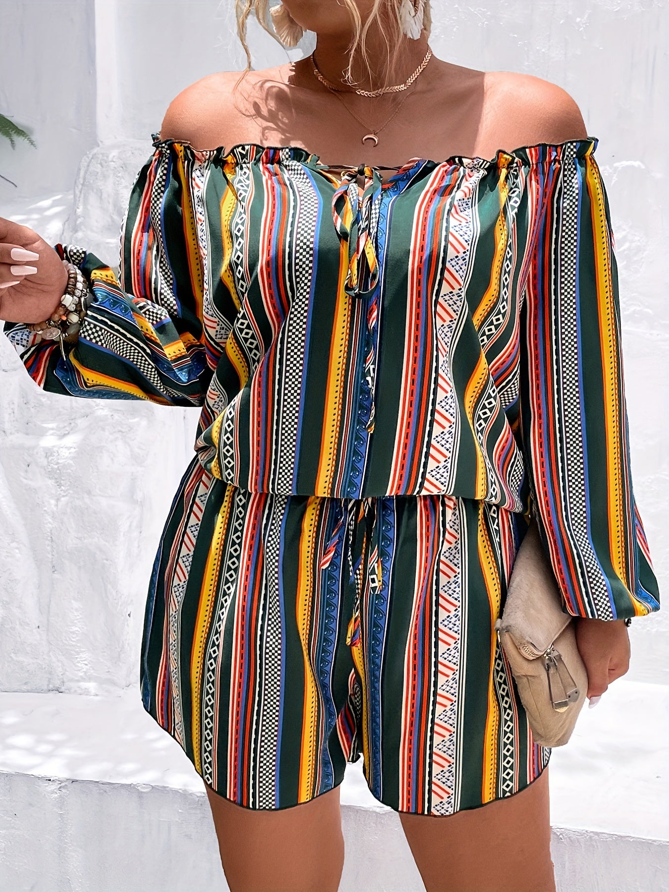 Colorful Stripe Print Ruffle Trim Top & Shorts Set
