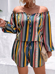  Colorful Stripe Print Ruffle Trim Top & Shorts Set