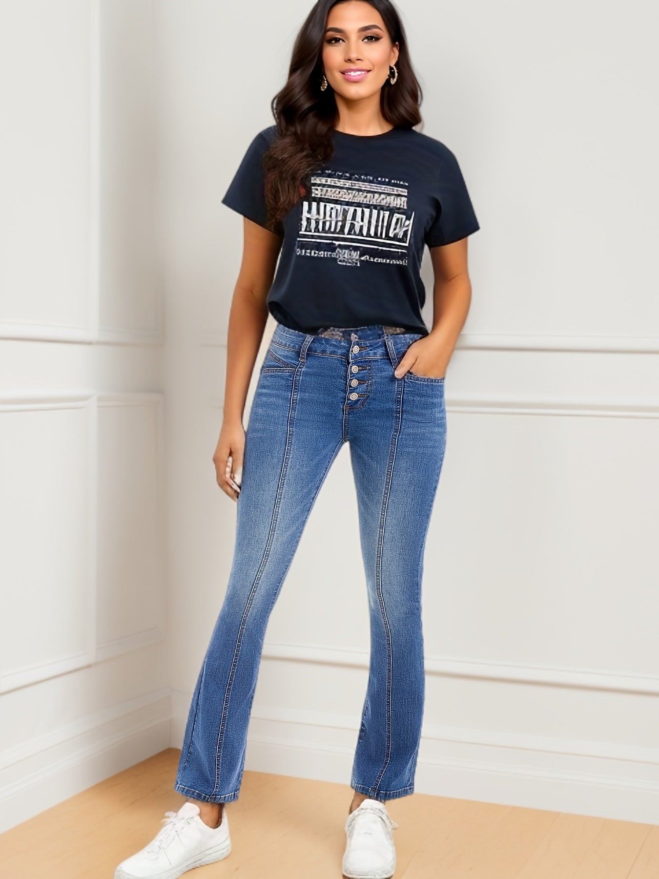  Button Up High Rise Flared Leg Jeans