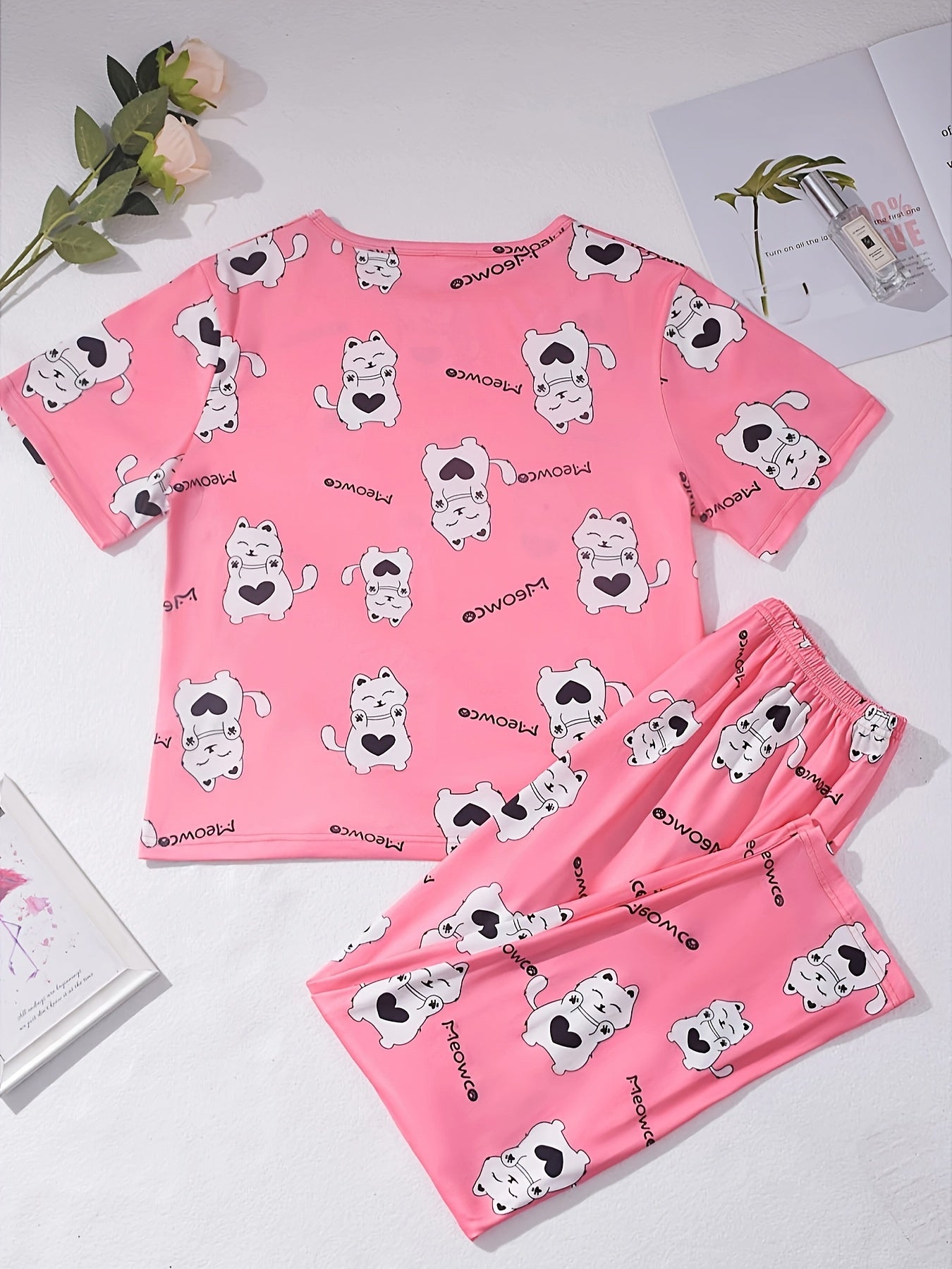 Cat Print Pajama Set Short Sleeve Top & Pants Women's Sleepwear