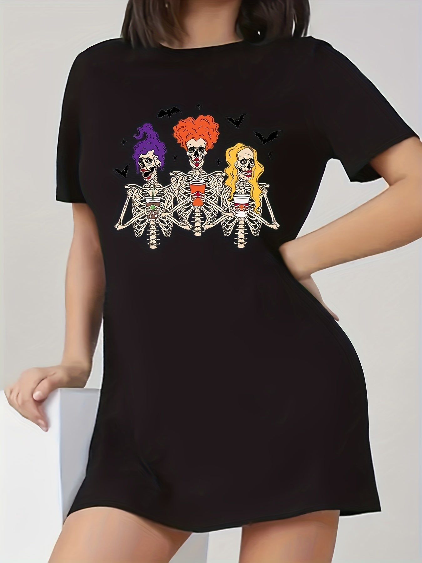  Halloween Dress Women's Witch Skull Print Short Sleeve