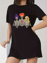  Halloween Dress Women's Witch Skull Print Short Sleeve