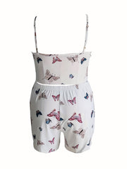  Butterfly Print Crop Cami Top & Shorts Pajama Set