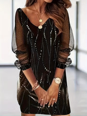  Women's Dot Print Long Sleeve V Neck Dress
