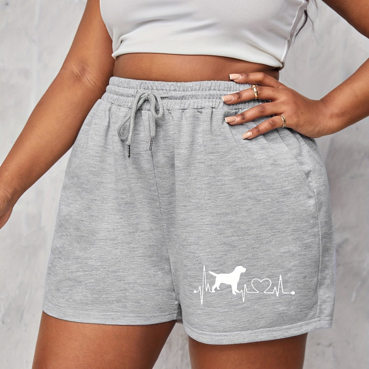  Dog Print High Rise Stretch Drawstring Loose Shorts