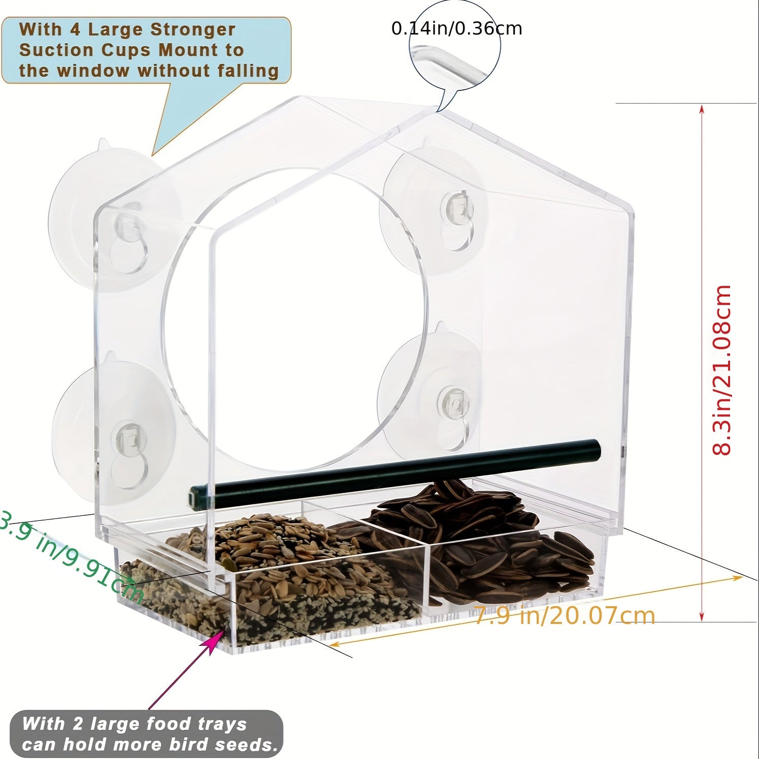 Window Bird Feeder Acrylic Bird House Detachable Food Tray Easy Install
