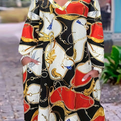  Colorblock Chain Print Long Sleeve V Neck Dress