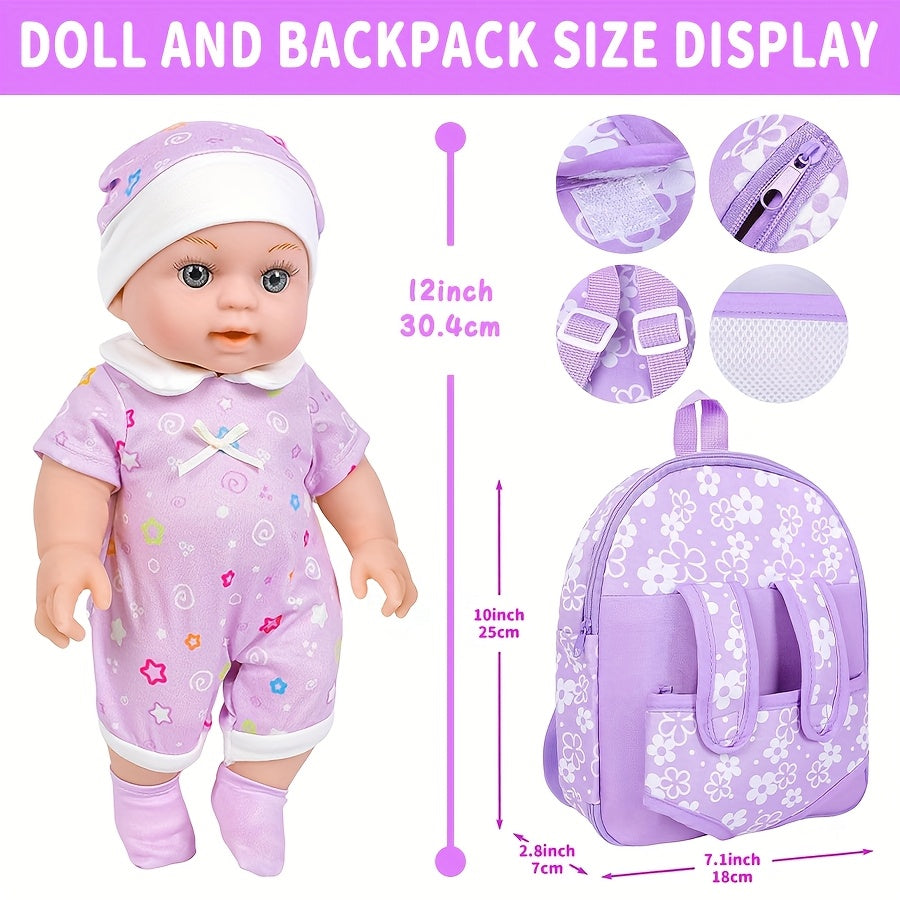 12 Inch Silicone Doll Backpack Playset with Washable Doll Accessories
