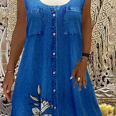  Denim & Floral Print Round Neck Tank Dress