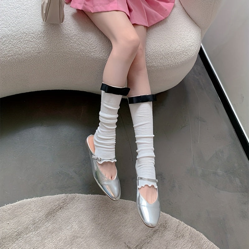 Bow Rib Knit Leg Warmers Knee High Socks Women's Stockings