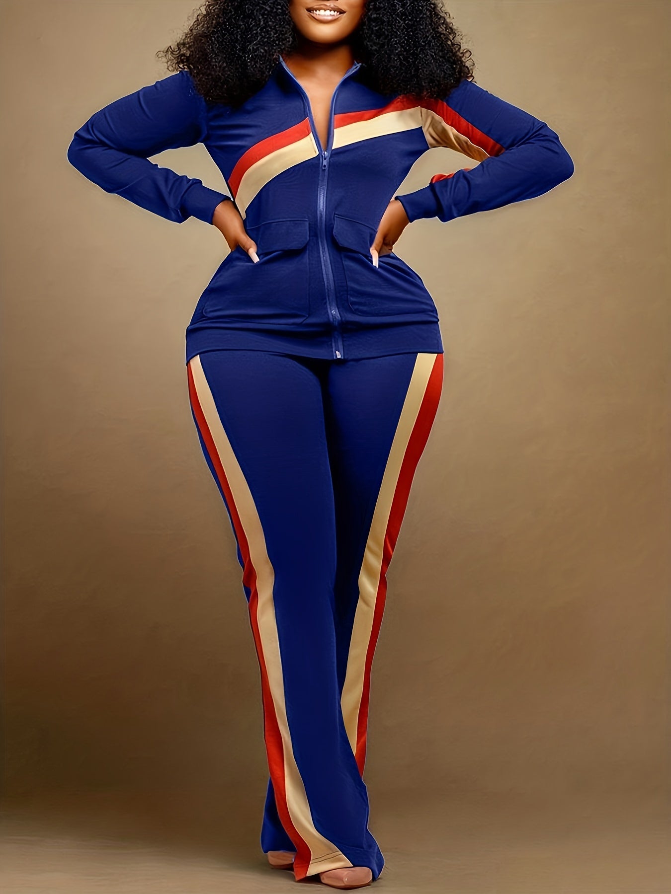  Striped Print Jacket & Pants Set Women's Plus Casual 2pcs Set