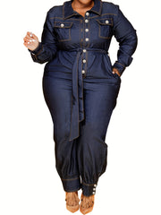 Denim Style Long Sleeve Belted Jumpsuit Women's Plus