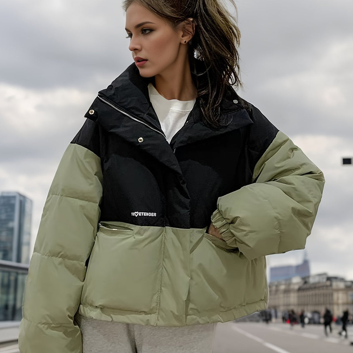 Women's Embroidered Puffer Jacket - Warm Winter Outdoor Sports