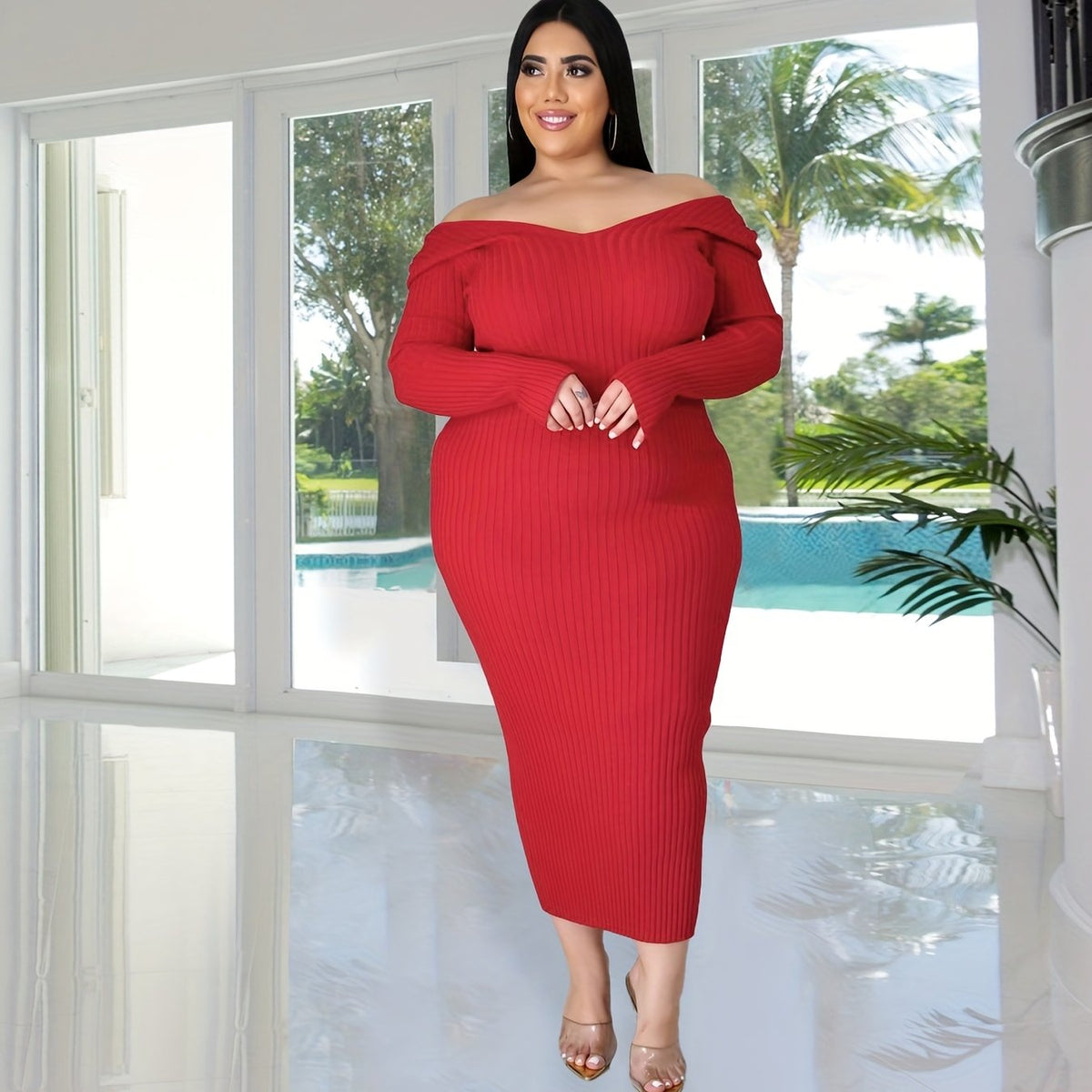Ribbed Long Sleeve V Neck Maxi Dress