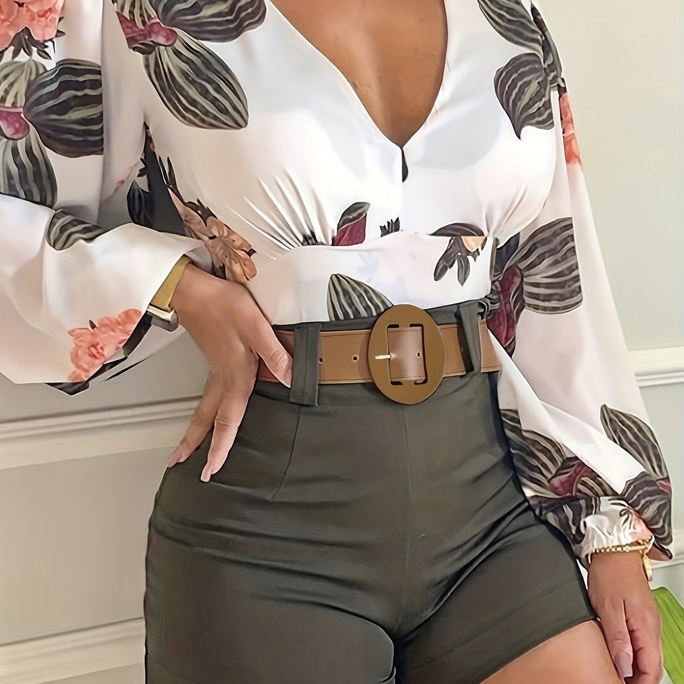 Floral Print Two Piece Set Lantern Sleeve Blouse & Shorts