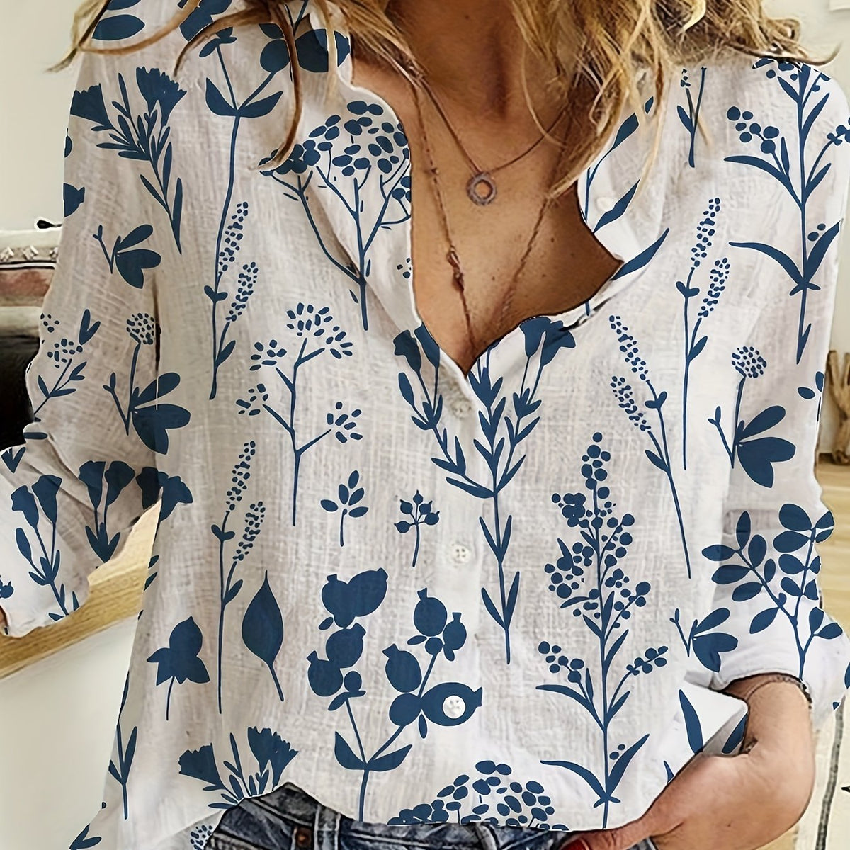  Floral Print Long Sleeve Button Up Shirt Top