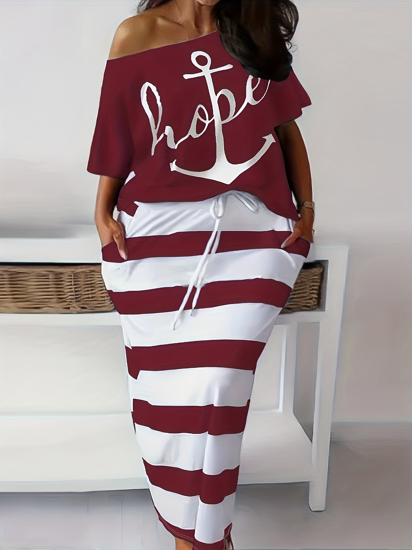 Women's Plus Anchor & Letter Print T shirt & Strip Slim Fit Skirt 2pcs Set