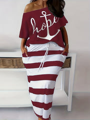 Women's Plus Anchor & Letter Print T shirt & Strip Slim Fit Skirt 2pcs Set