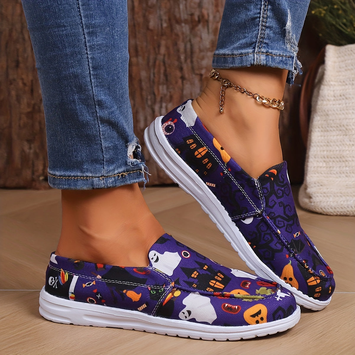 Halloween Pumpkin Ghost Pattern Scary Skate Shoes Lightweight Slip On Canvas Sho