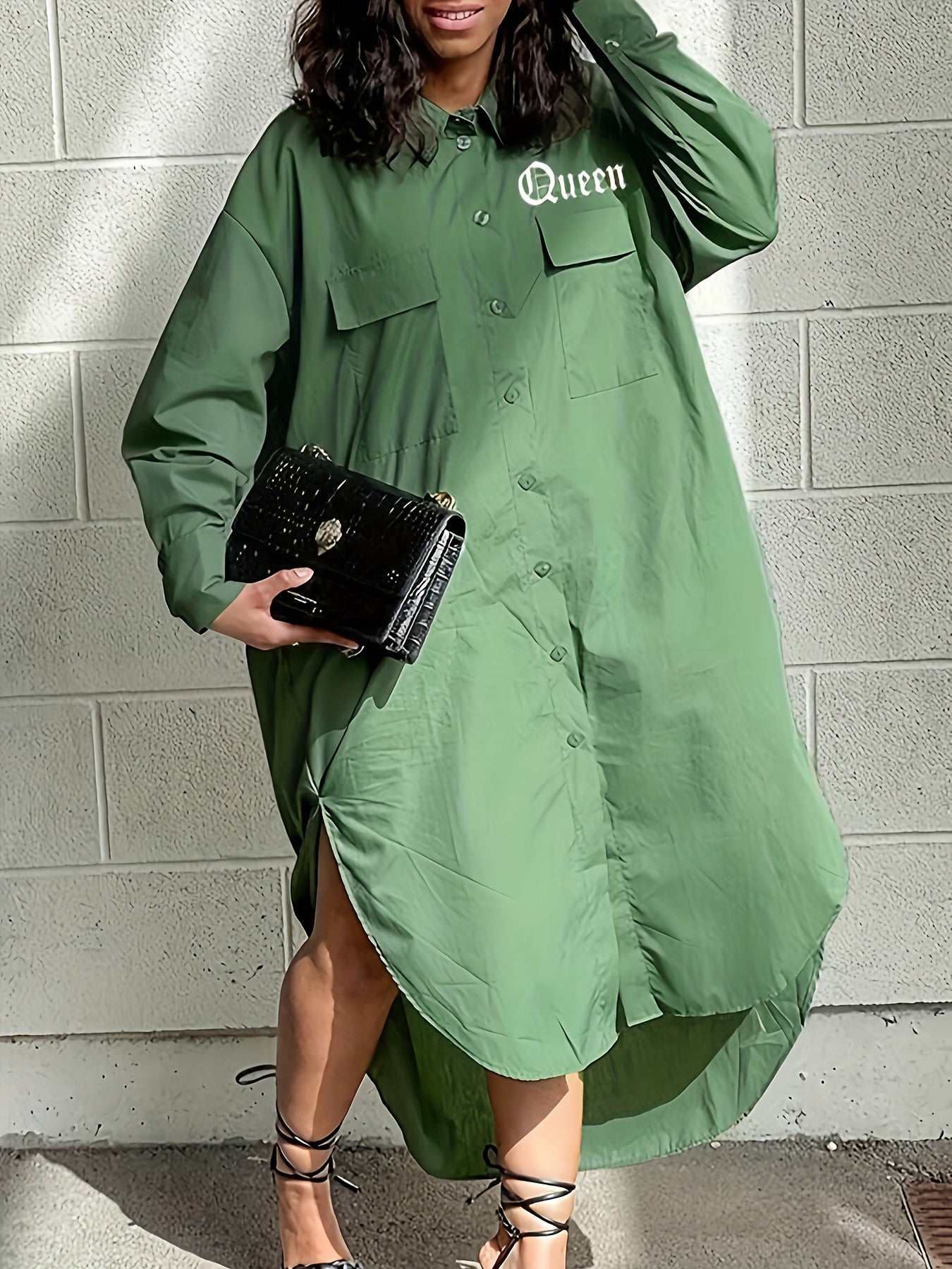  Letter Print Button Up Long Sleeve Shirt Dress