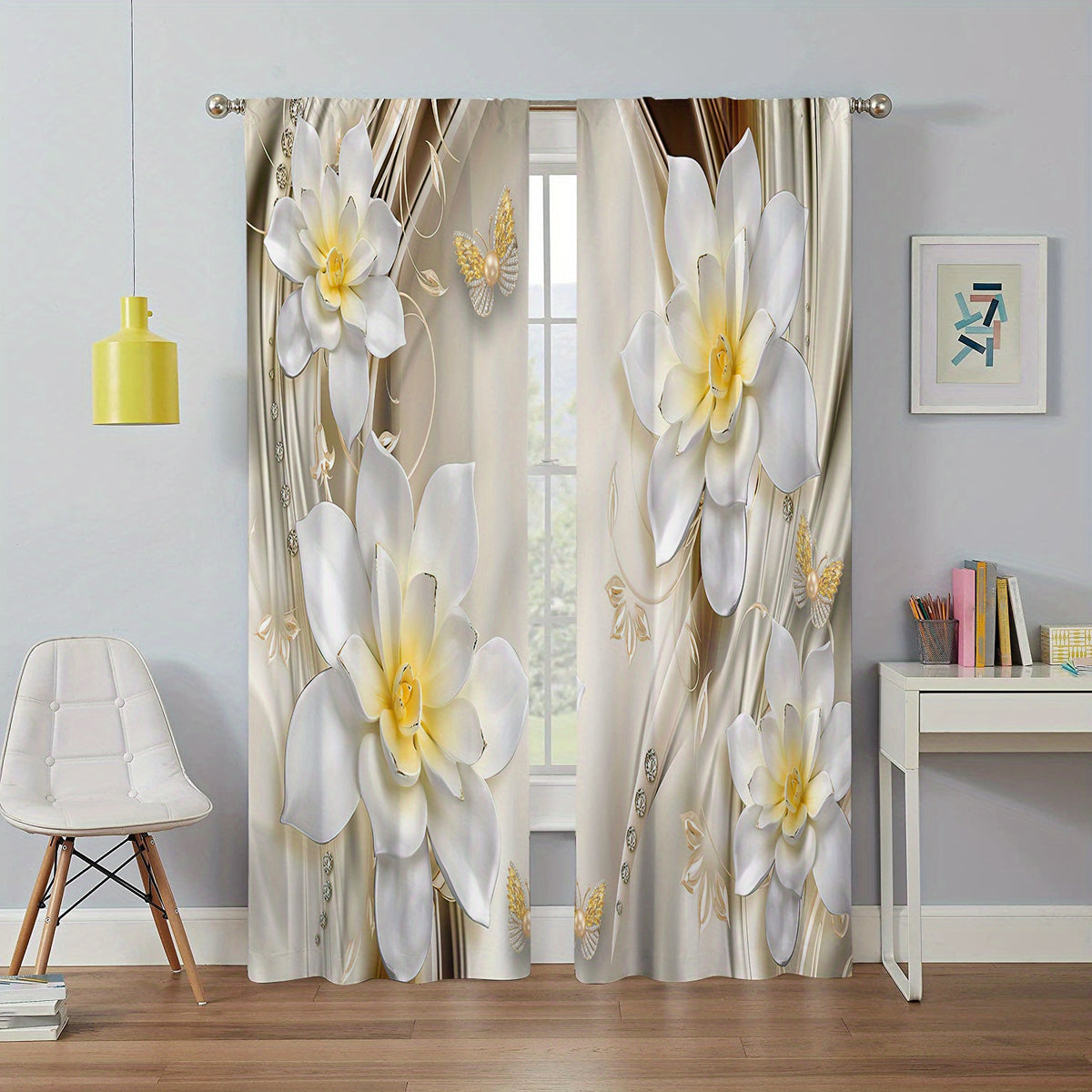 2pcs Flower Crystal Printed Window Curtain Home Decoration