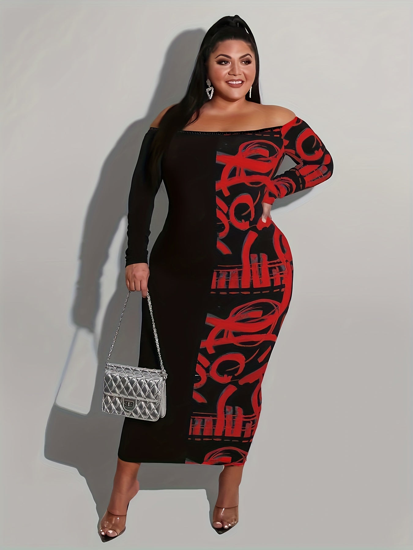  Off Shoulder Graffiti Print Maxi Midi Dress