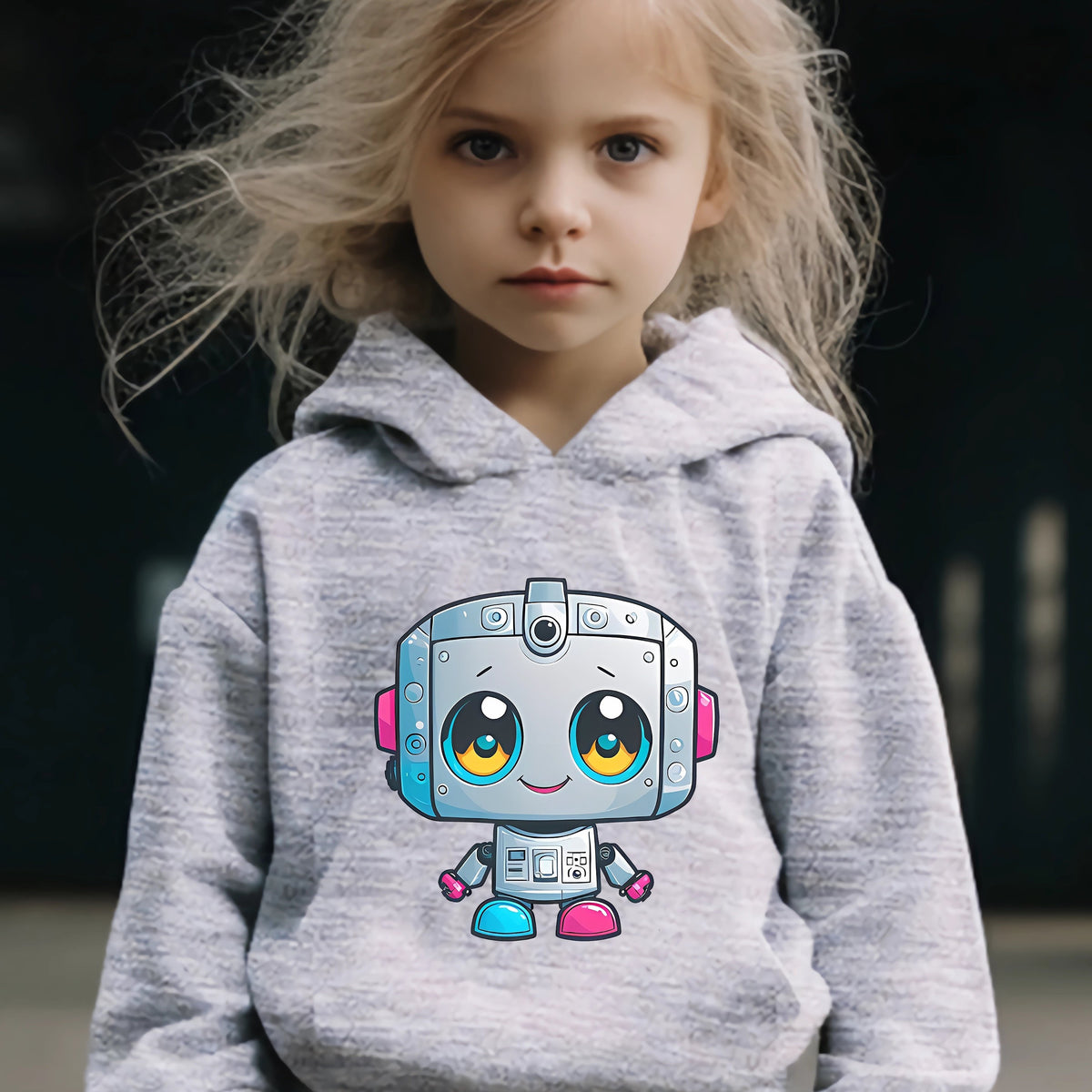 Girls Robot Pattern Hooded Sweatshirt & Sweatpants Set