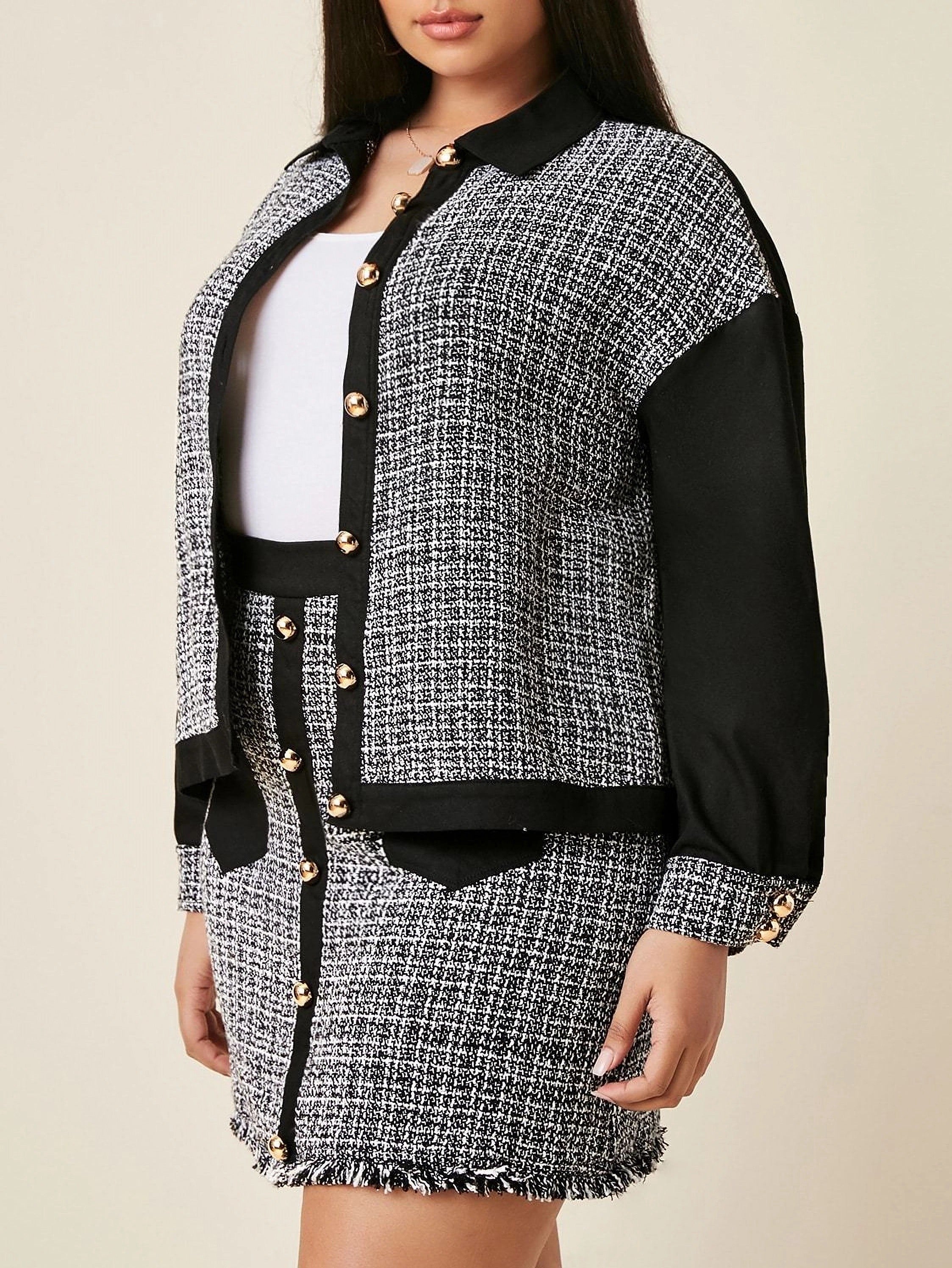  Colorblock Tweed Long Sleeve Coat & Midi Skirt Outfit Set