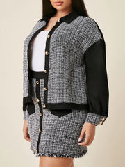  Colorblock Tweed Long Sleeve Coat & Midi Skirt Outfit Set