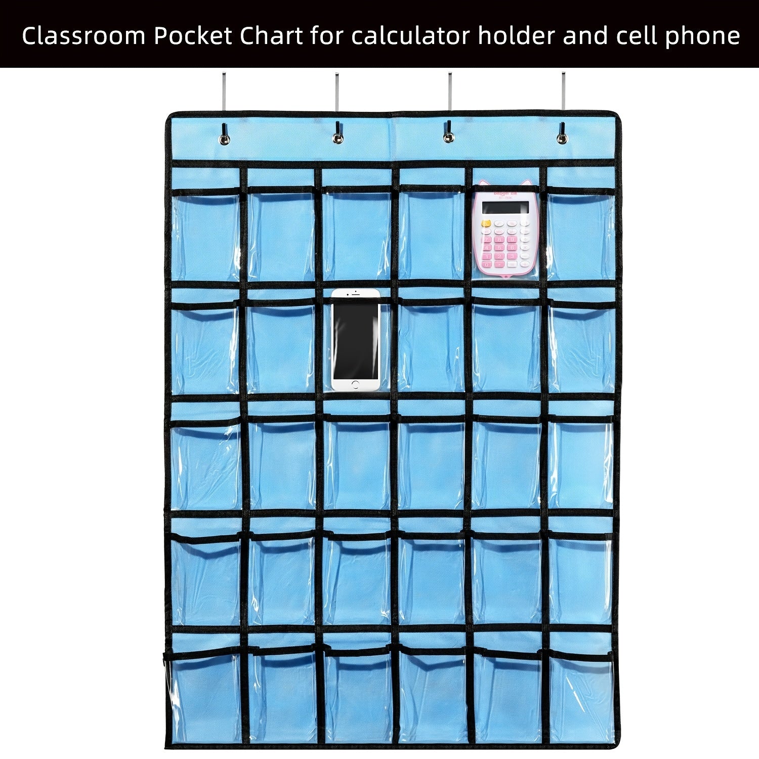 Classroom Cellphone & Calculator Organizer with Hanging Hooks & Number Stickers
