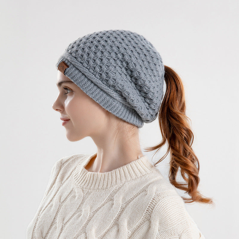Warm Ear Protection Beanie Hat with Horse Tail Hole