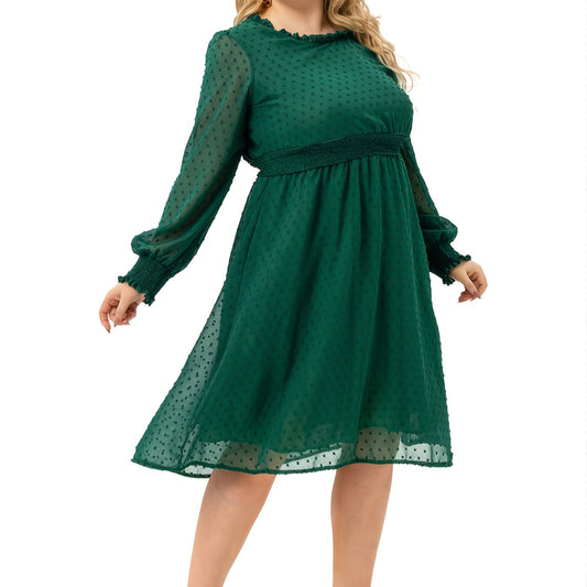  Polka Dot Mesh Sleeve Midi Dress