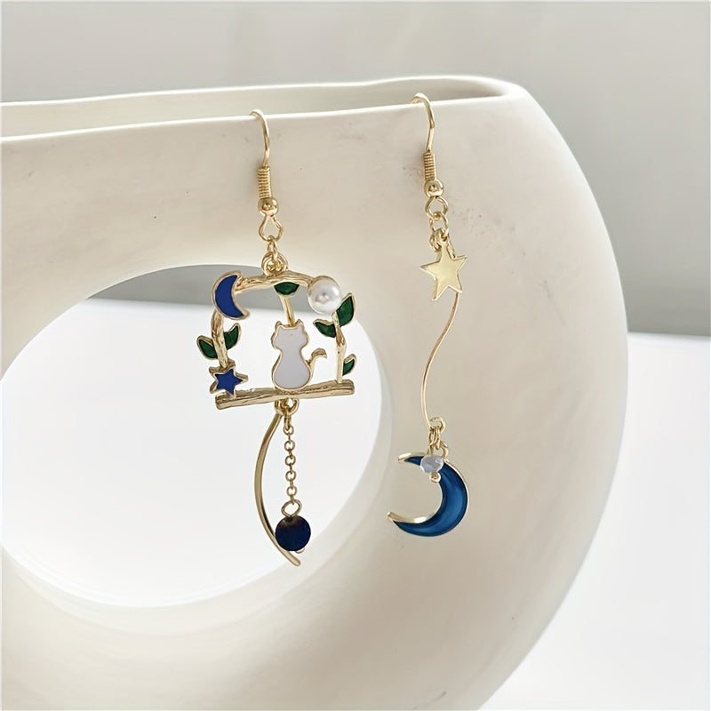 Kitten Moon Star Leaf Tassel Earrings