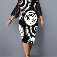  Abstract Print Lace Sleeve Midi Dress