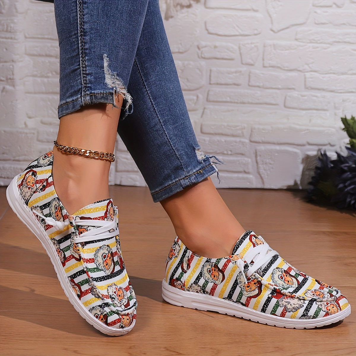 Women's Christmas Skates Shoes Colorful Stripes Santa Snowflake Patterns
