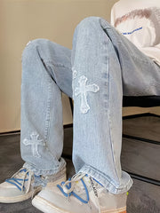 Vintage Cross Pattern Men's Distressed Jeans