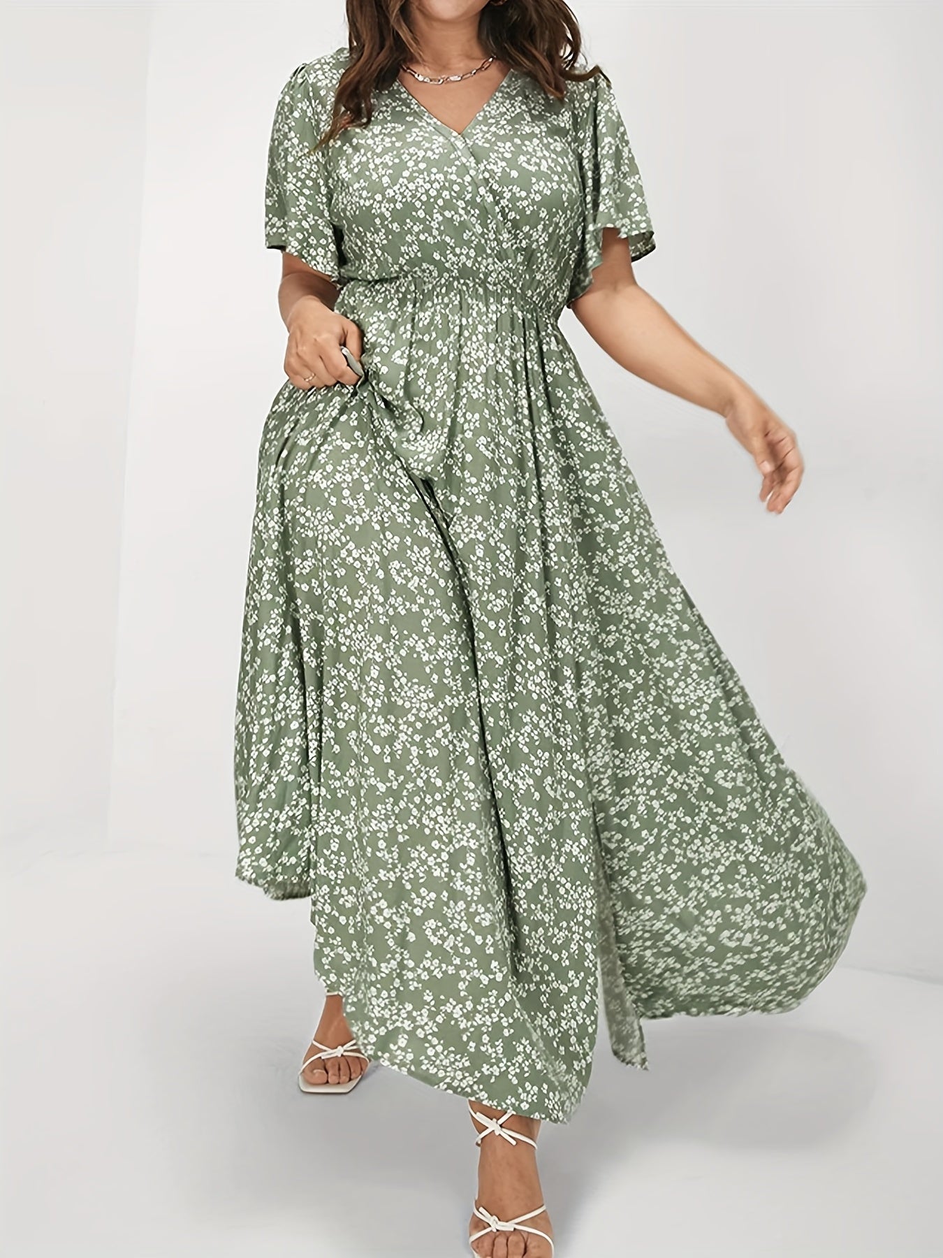  Boho Dress Floral Print Ruffle Sleeve Maxi Dress