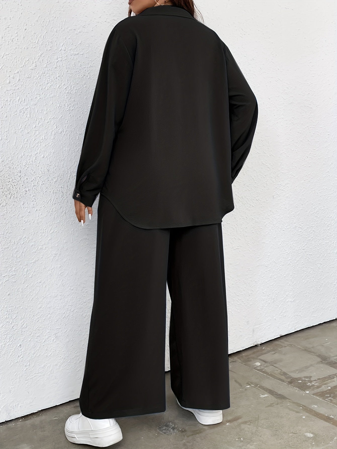  Casual Outfits Two Piece Set Solid Button Up Blouse & Wide Leg Pants