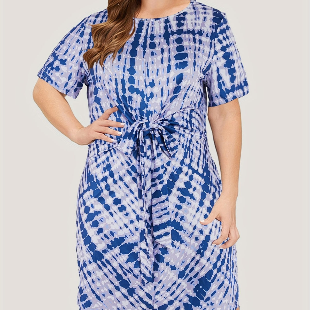  Tie Dye Short Sleeve Round Neck Belted Dress