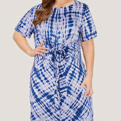  Tie Dye Short Sleeve Round Neck Belted Dress