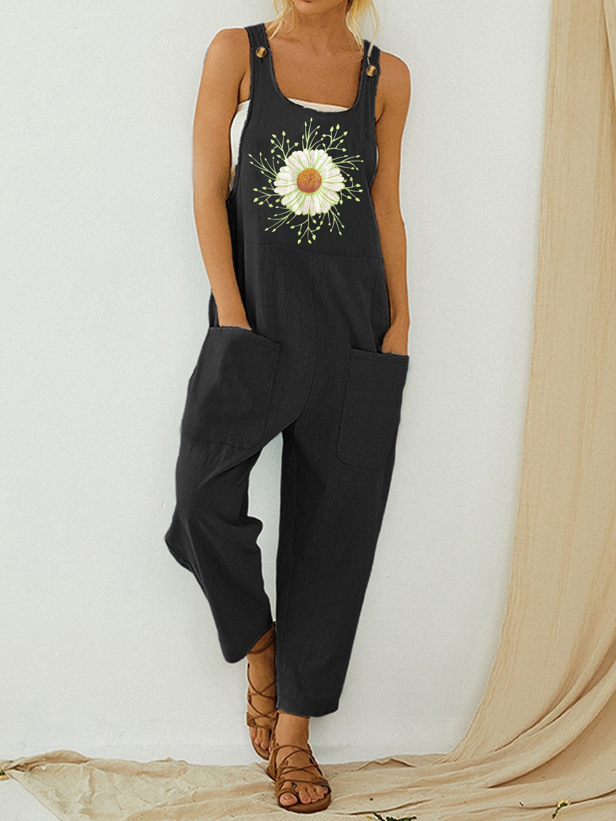Pocket Solid Tank Jumpsuit Loose Casual Women's Clothing